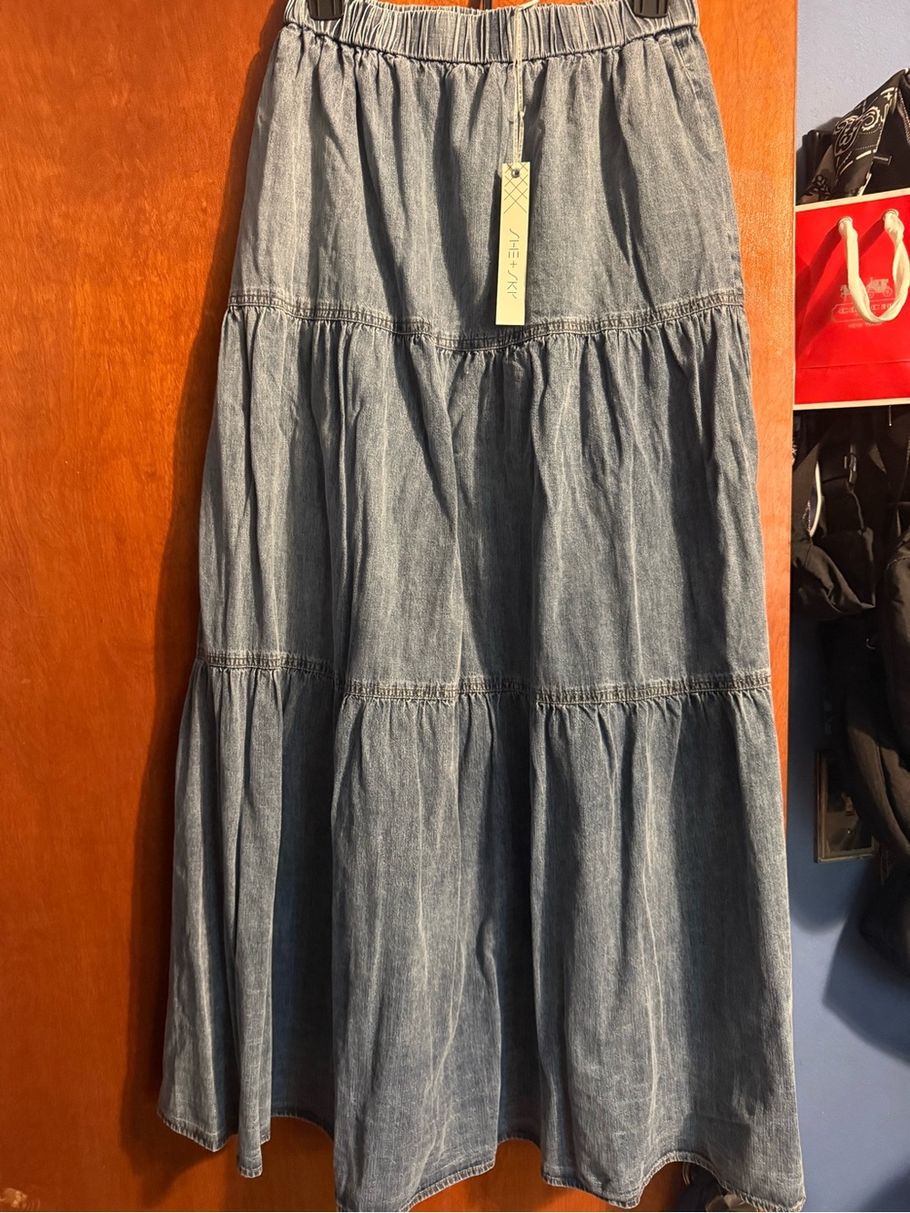 She + Sky Washed Blue Denim Tiered Maxi Skirt